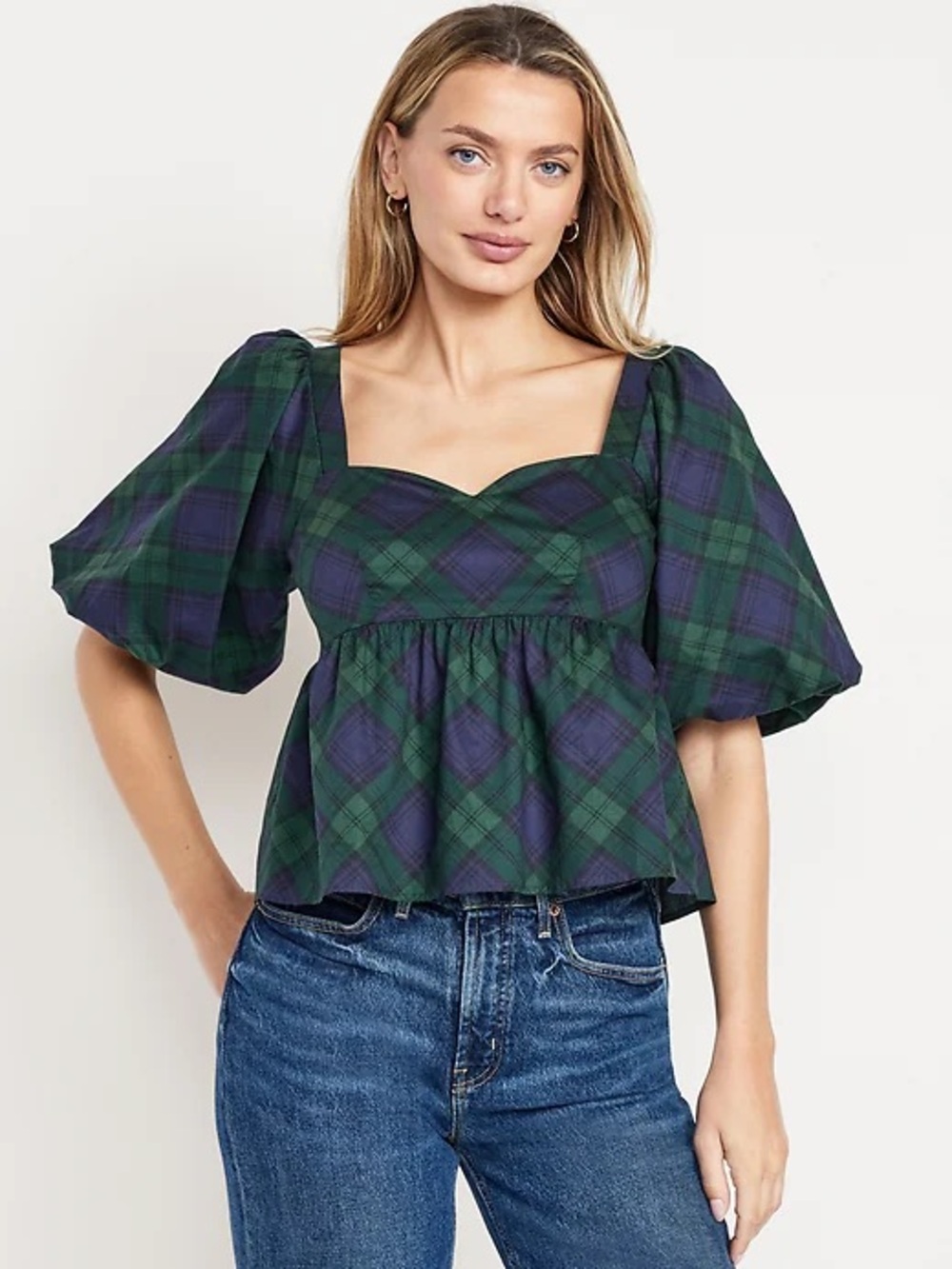 Old Navy Blackwatch Plaid Peplum Top Womens XS Short Puff Sleeve‎ Cotton NWT